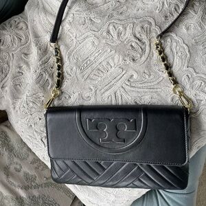 NWT Tory Burch Black Leather Alexa clutch handbag Retail $475